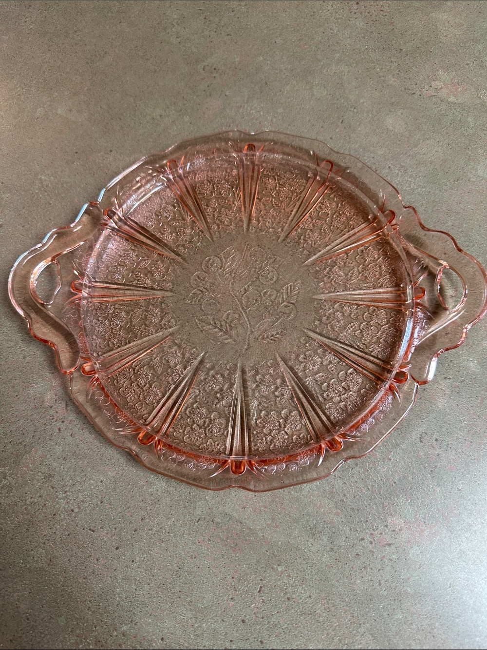 VTG Pink Depression Glass Cherry Blossom Handled Serving Tray Jeannette Glass
